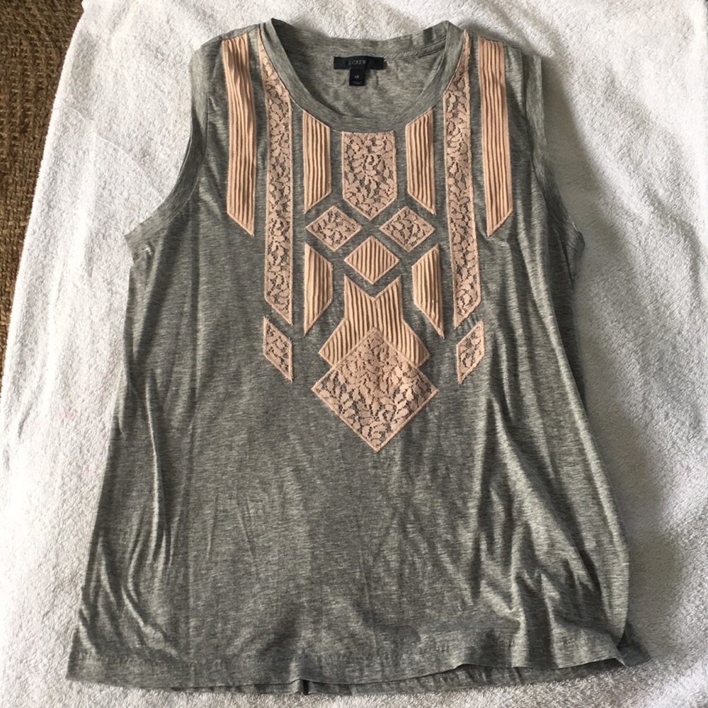 J Crew grey top with pink embroidery